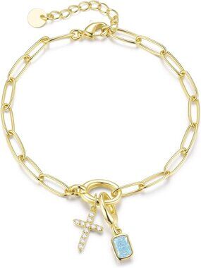 Dainty 14K Gold Cross Birthstone Bracelet for Women | Elegant Charm Jewelry